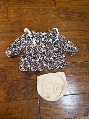 Multiples Navy Floral & Woodland Animal Top with Cream Bloomers